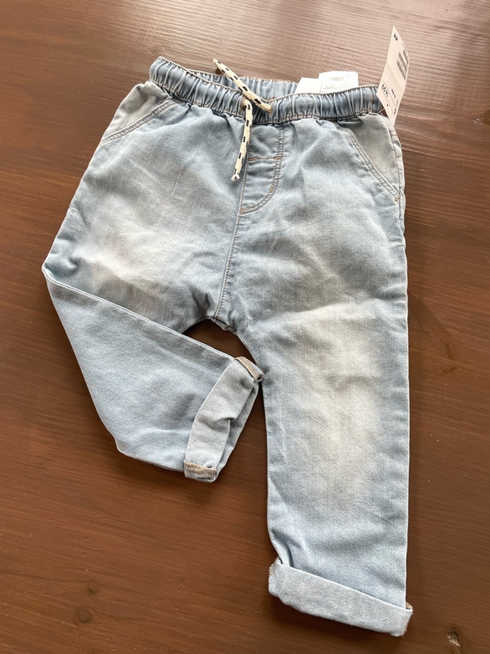 NWT H&M &Denim Kids Loose Pull-On Light Wash Blue Jeans w/ Tie Waist Size 12-18M